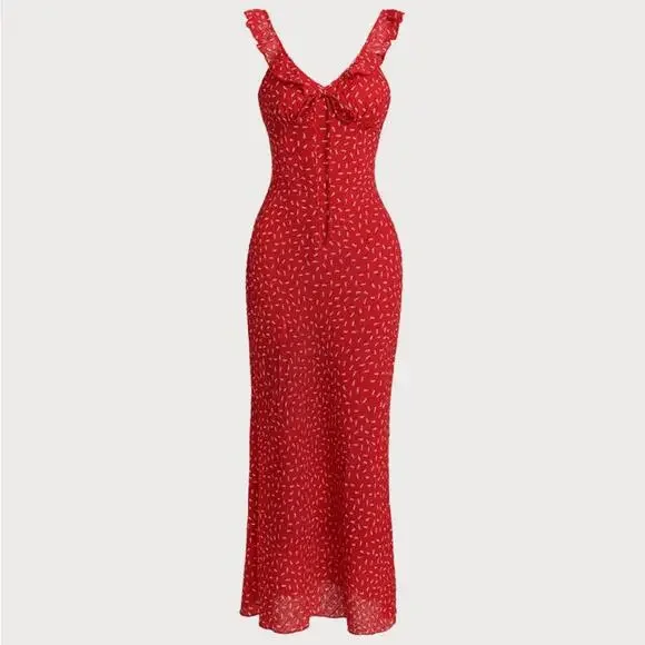 RIHOAS Red Floral V Neck Ruffle Maxi Dress XS - Picture 1 of 4